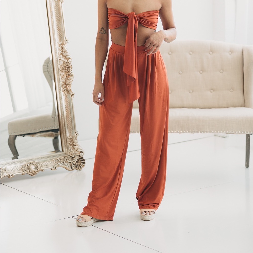 Orange Wrap Top and Wide Leg Pant Set